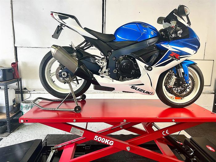 Suzuki GSX-R on the lift at SNS Motorcycles