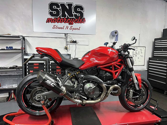 Ducati Monster on the lift at SNS Motorcycles