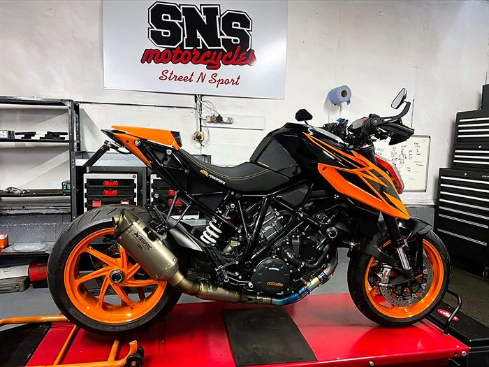 KTM Super Duke on the lift at SNS Motorcycles